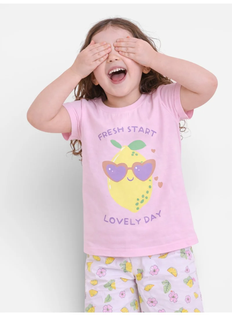 Victor And Jane  Girls Lemon Print Cotton Pajama Set – T-Shirt & Shorts Nightwear for Women | Best Price UAE